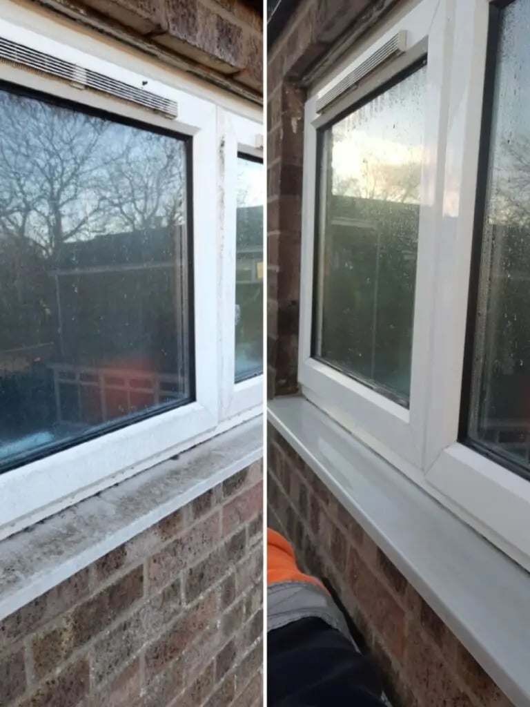 Before and after comparison of exterior window cleaning on a brick house