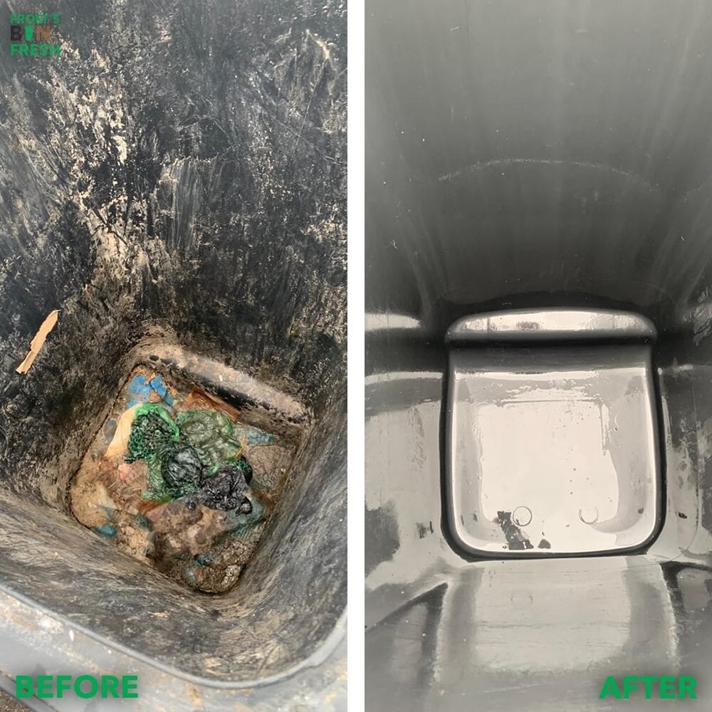 A heavily soiled wheelie bin before cleaning next to the same bin interior after a hot wash